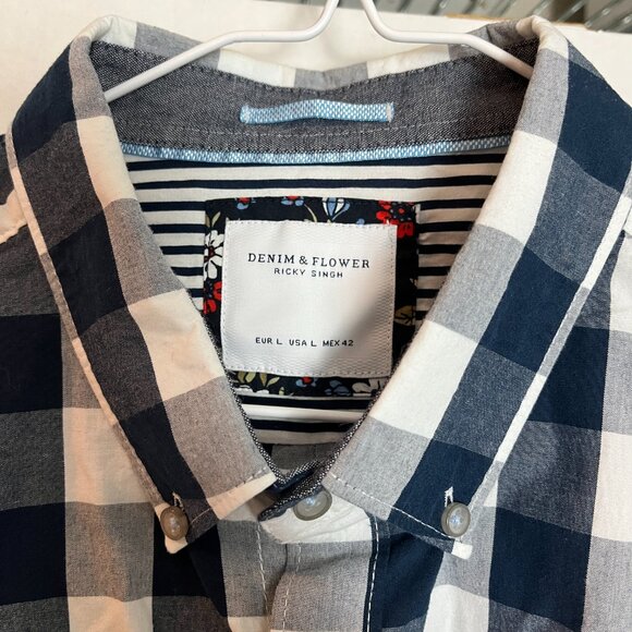 Men's Denim & Flower Ricky Singh Navy/White Check Button Front Shirt Size L - Picture 3 of 11